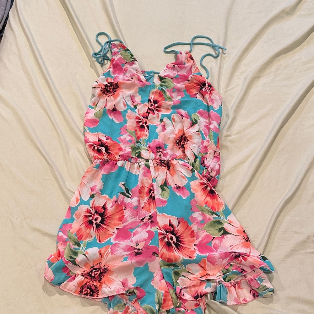 Floral Ruffle Romper - Blue & Pink